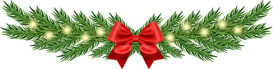 Wall Mural - Christmas fir garland with bow and golden light. Christmas tree branches. Luxurious shiny decoration. Holiday party design. Vector illustration EPS 10