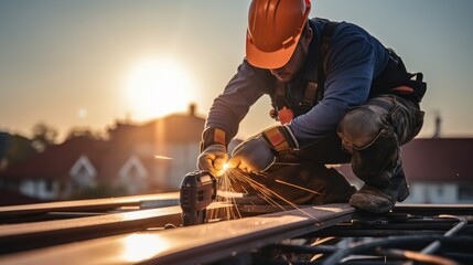 Construction worker install new roof. Roofing tools. Electric drill used on new roofs