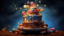 A Birthday Cake With Icing And Candles, In The Style Of Dark Amber And Sky-blue, Octane Render, Energetic And Bold, Dripping Paint, Dark Brown And Beige, Bold Lines, Bright Colors, Flickr
