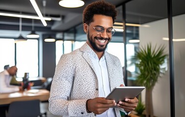 Wall Mural - Smiling busy business man entrepreneur using tablet standing in office at work. Happy male professional executive manager using tab computer managing financial banking or marketing data.