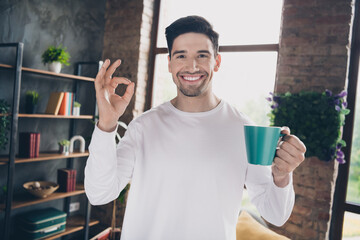 Poster - Photo of good mood cool young guy dressed white shirt showing okey gesture drinking tea indoors house room