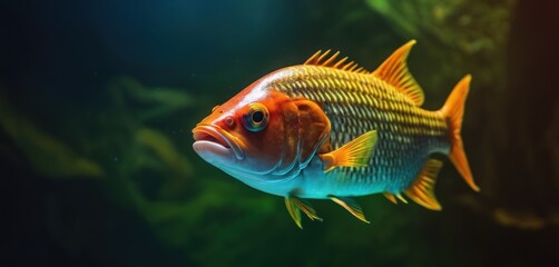  a close up of a blue and yellow fish in an aquarium with other fish in the water and plants in the background.