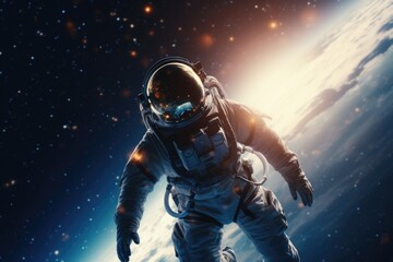 Poster - A man in a space suit floating in the air. Suitable for science fiction, space exploration, and futuristic concepts
