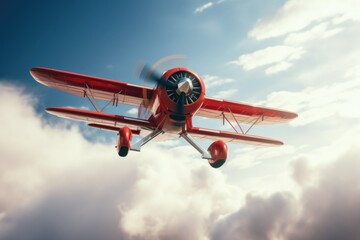 Poster - A small red airplane soaring through a cloudy sky. Perfect for aviation enthusiasts and travel-related designs