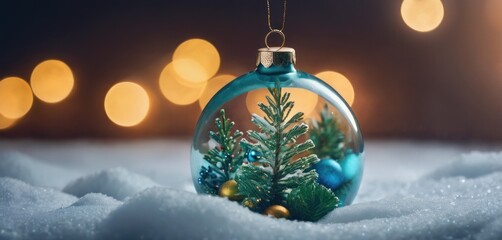 Poster -  a glass ornament with a christmas tree inside of it on a snow covered ground with lights in the background.