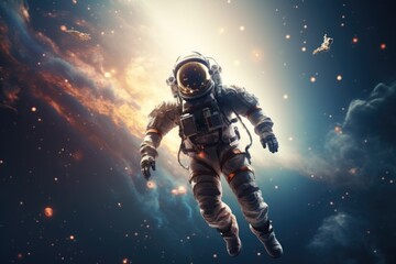 Poster - An astronaut floating in the air with a space shuttle in the background. Suitable for space exploration and science fiction themes
