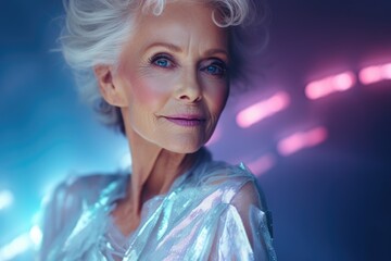 Poster - A woman with white hair and striking blue eyes. Perfect for fashion or beauty-related projects