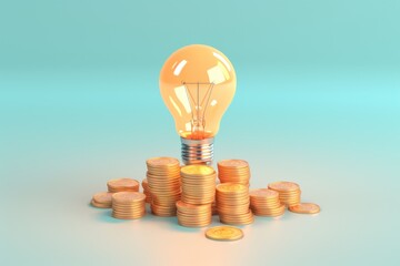 Wall Mural - A light bulb sitting on top of a pile of coins. Perfect for illustrating concepts related to savings, financial success, and ideas that lead to wealth.