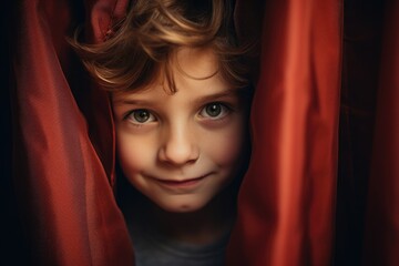 Poster - A young boy is seen peeking out from behind a vibrant red curtain. This image can be used to depict curiosity, surprise, or anticipation. Suitable for various projects and themes