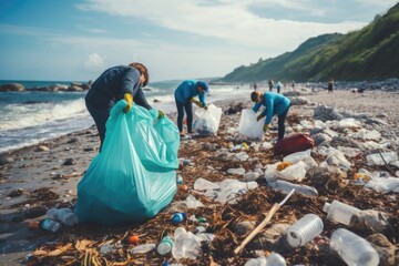 Poster - People working together to clean up the beach. Can be used to promote environmental awareness and community involvement
