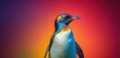  a blue and yellow penguin standing in front of a red, blue, yellow, and orange background with its head turned to the side.