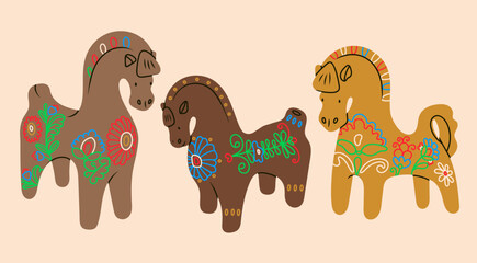 Wall Mural - hand crafted clay horses. cartoon style. colorful outline folk ornaments. hand drawn trendy vector i