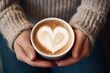 Cup of coffee with heart shape pattern in hands