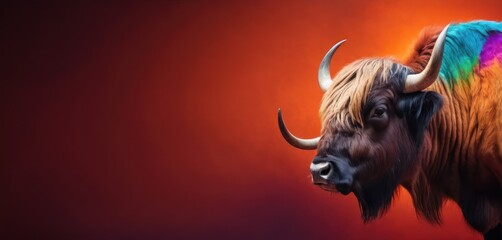 Poster -  a close up of a bull with a multicolored coat of fur on it's head and horns.