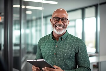 Wall Mural - Older smiling business man holding tablet standing in office. Middle aged happy businessman manager investor using tab computer, mature male executive looking at camera at work