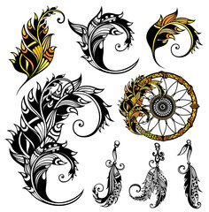 Sticker - Set of vector dreamcather elements in boho style. Mystical interiors, boho feathers.