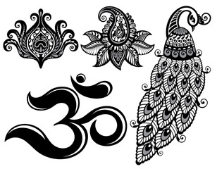 Canvas Print - Om vector drawing image.Peacock.Lotus sumbol.Turkish flower symbol.Boho set. Tattoo set