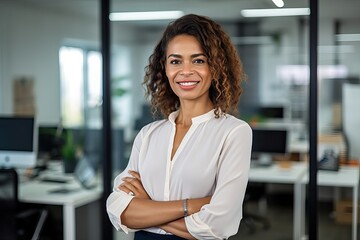 Smiling confident professional middle aged business woman corporate leader, happy mature female executive, lady manager standing in office looking at camera, portrait.