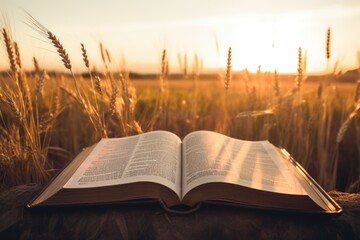 Poster - An open book sitting on top of a wooden table. Can be used for educational or literary themes