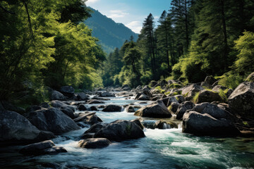 Mountain landscape, river with rifts