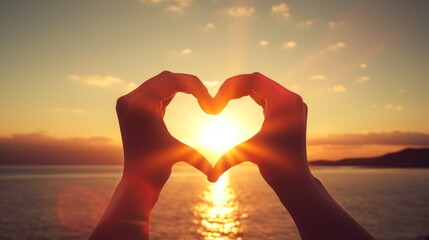 Female hands in the shape of a heart with sunlight shining through the hands as the sun sets at the sea.