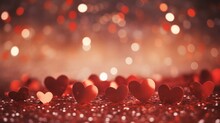 Red Glitter Lights Background Abstract Valentine's Day Background With Valentine's Day Pattern Hearts.