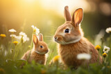 Fototapeta Fototapety ze zwierzętami  - Cute mother and baby bunny rabbits in the grass