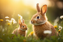 Cute Mother And Baby Bunny Rabbits In The Grass