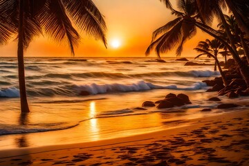 coconut trees at the bank of the lake and river growing together in the beautiful sun set abstract background 