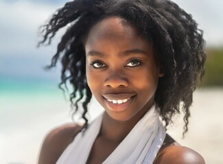 Wall Mural - African brunette model woman, smiling face closeup, on paradise island beach, travel vacation concept.