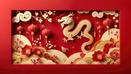 Wall Mural - Chinese New Year background. with Zodiac Year of the Dragon Chinese new year theme decoration with Chinese lantern, plum blossom and auspicious clouds in paper cut style.