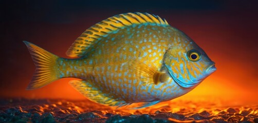  a close up of a blue and yellow fish on a bed of water with a red light in the background.