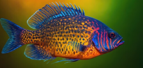 Sticker -  a close up of a blue and yellow fish with a black and yellow stripe on it's side and a green background.