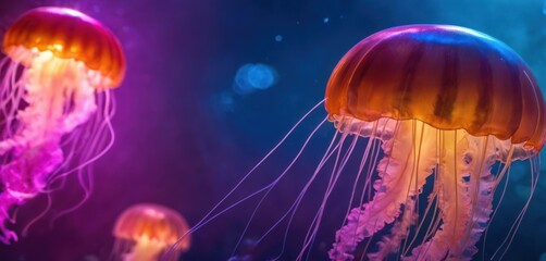 Poster -  a group of jellyfish floating on top of a blue and purple water filled with lots of small jellyfish.