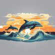 A line of merchandise featuring jumping dolphins, such as T-shirts, mugs, and posters. A portion of the proceeds could go towards marine conservation effort vector illustrations