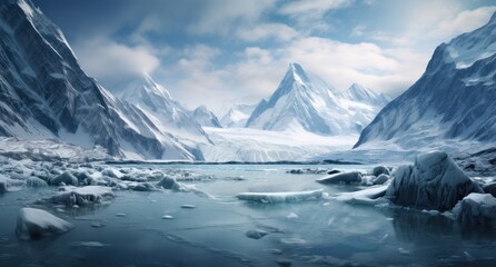 Wall Mural -  a painting of a mountain range with ice and snow in the foreground and a body of water in the foreground.