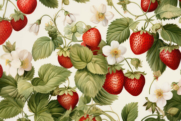 Wall Mural - Berries fresh pattern background drawing nature red food ripe garden harvest background illustration strawberry