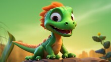  A Cartoon Dinosaur Sitting On A Rock In The Middle Of A Field With A Cactus In The Background And A Green Sky In The Background.