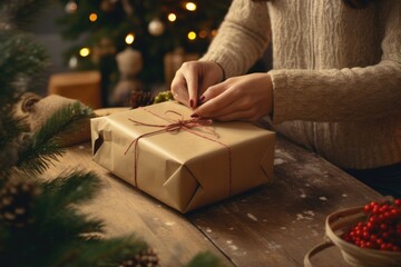 Poster - A person is seen wrapping a gift on a wooden table. This image can be used for various occasions and celebrations