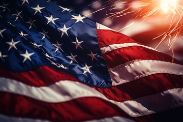 Poster - American flag close up with fireworks in the background. Perfect for patriotic celebrations and Fourth of July events