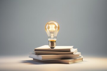 Poster - A light bulb sitting on top of a stack of books. Perfect for educational or creative concepts