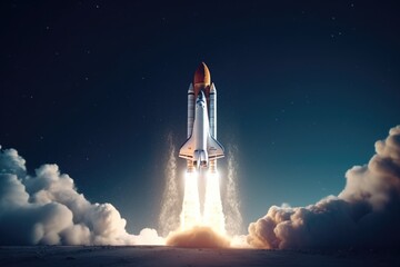 Poster - A space shuttle taking off into the sky. Suitable for educational and scientific purposes