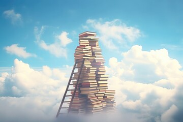 Poster - A stack of books placed on top of a ladder. Can be used to represent education, knowledge, or reaching new heights