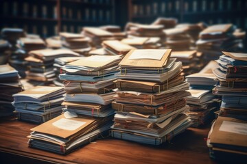 Poster - A pile of books sitting on top of a wooden table. Suitable for educational and literary concepts