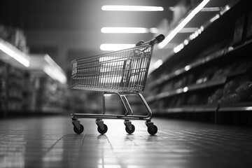 Aufkleber - A shopping cart sitting on the floor in a store. Can be used to represent shopping, retail, or consumerism