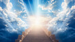 A  staircase leading up to a bright light in the sky  with fluffy white clouds. The light is shining down on the staircase and is the focal point. Hope and ascension mood.