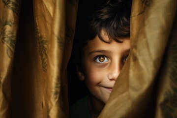 Poster - A young boy is seen peeking out from behind a curtain. This image can be used to depict curiosity, surprise, or anticipation in various contexts