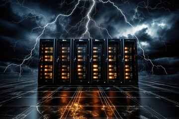 Poster - A group of tall buildings with lightning striking in the background. This image captures the power and beauty of a stormy night.
