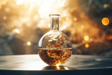 Poster - A glass bottle filled with liquid sitting on top of a table. Suitable for various uses