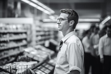 Poster - A man standing in a grocery store aisle. Suitable for marketing and advertising purposes